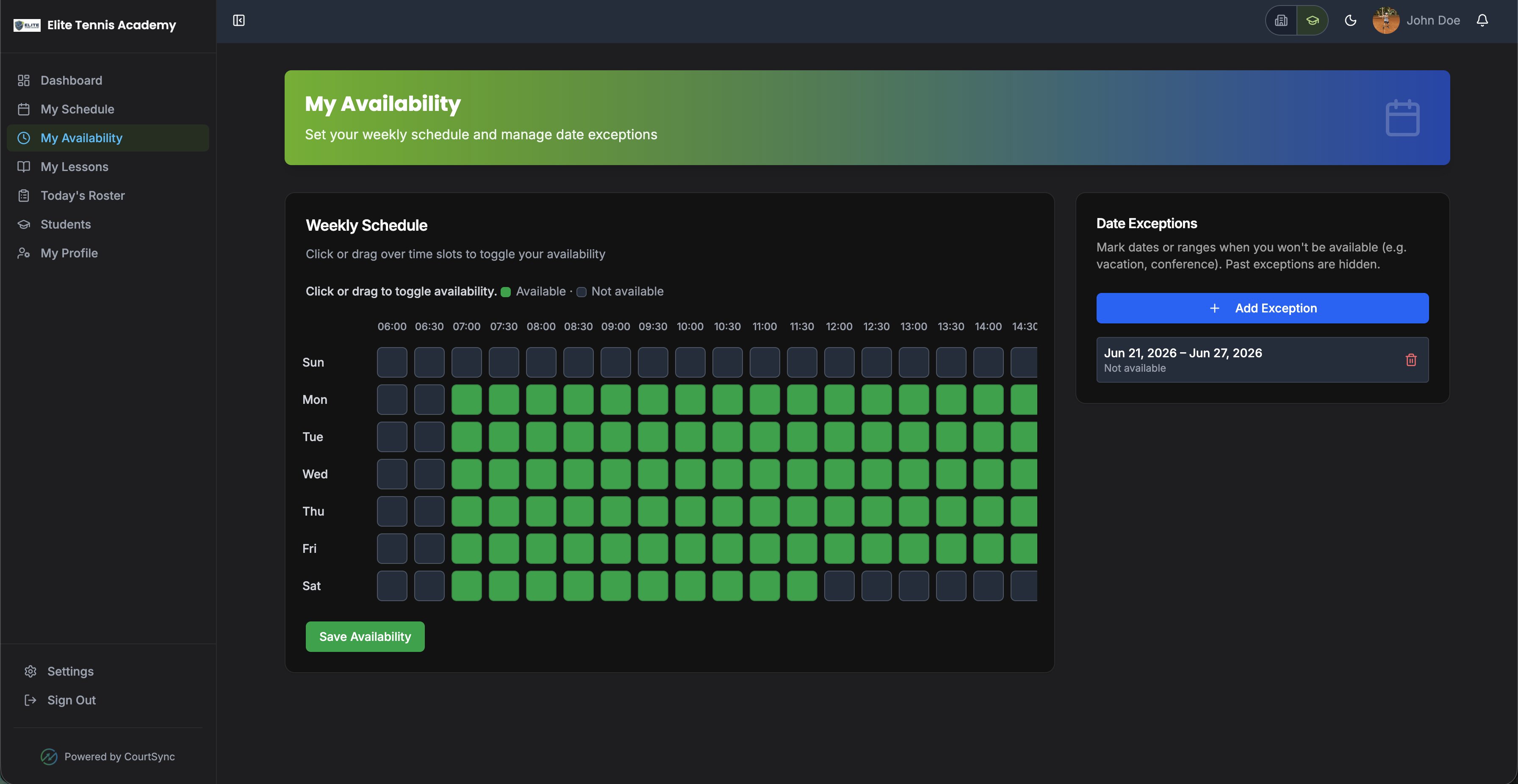 Coach and court availability calendar across multiple tennis facility locations - CourtSync