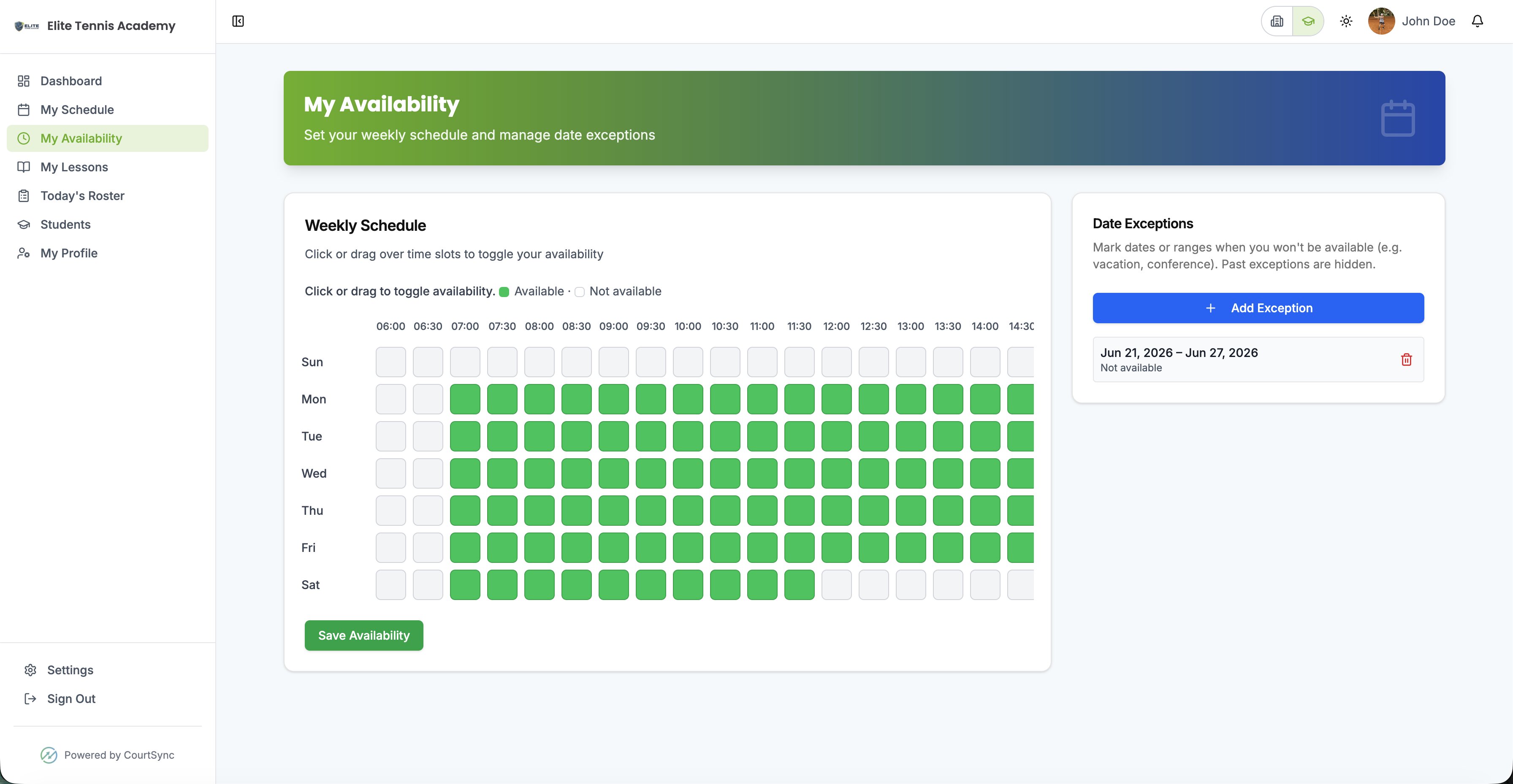 Coach and court availability calendar across multiple tennis facility locations - CourtSync