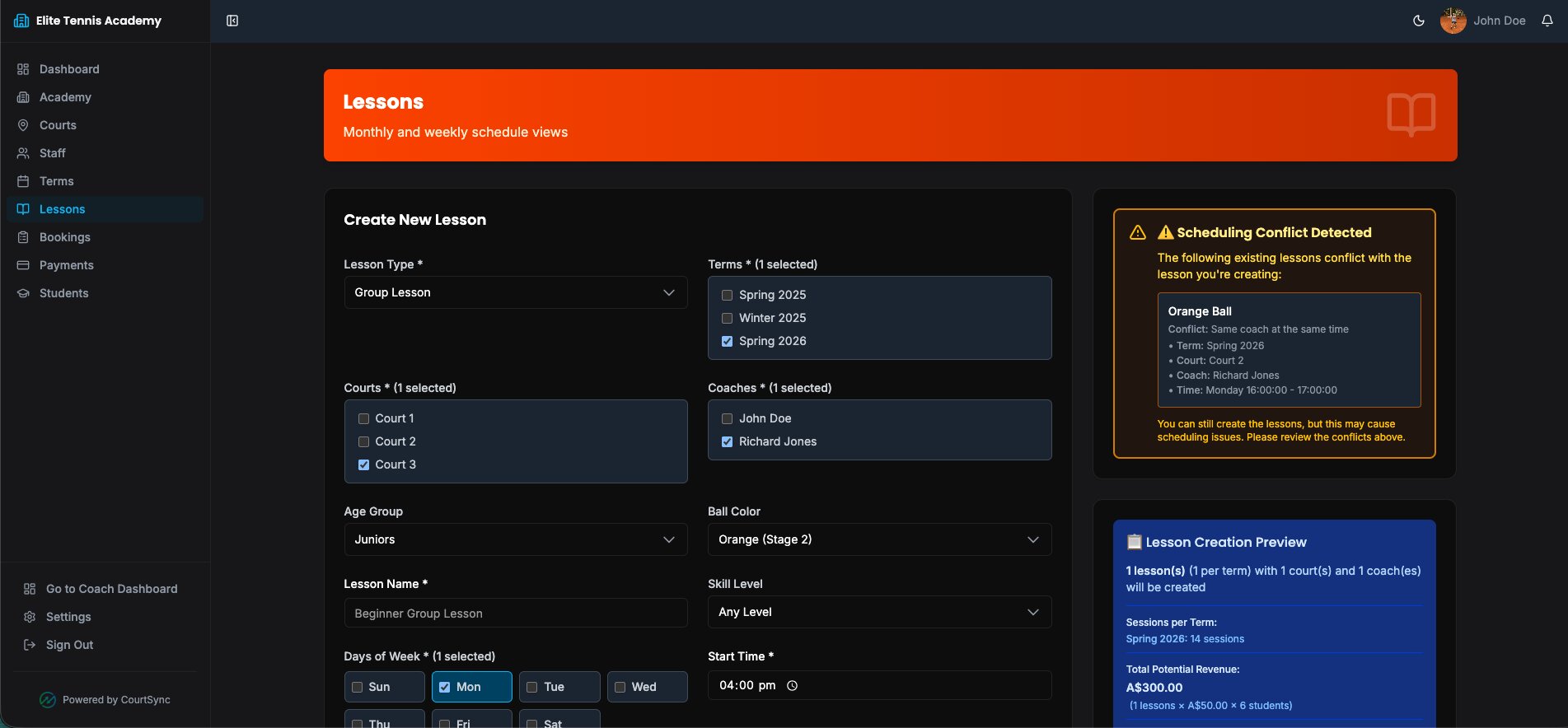 Lesson Creation - CourtSync