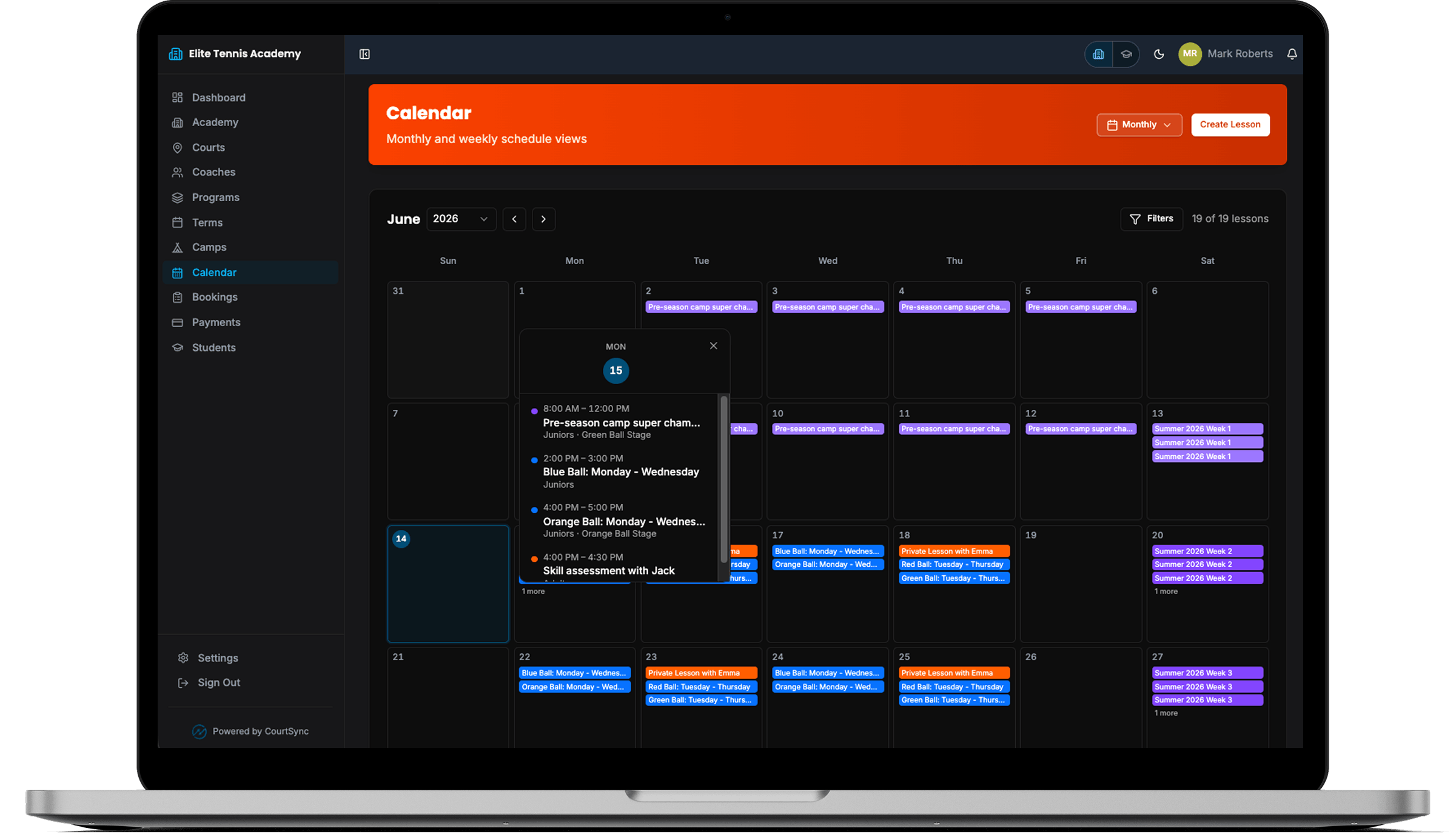CourtSync academy calendar dashboard on MacBook