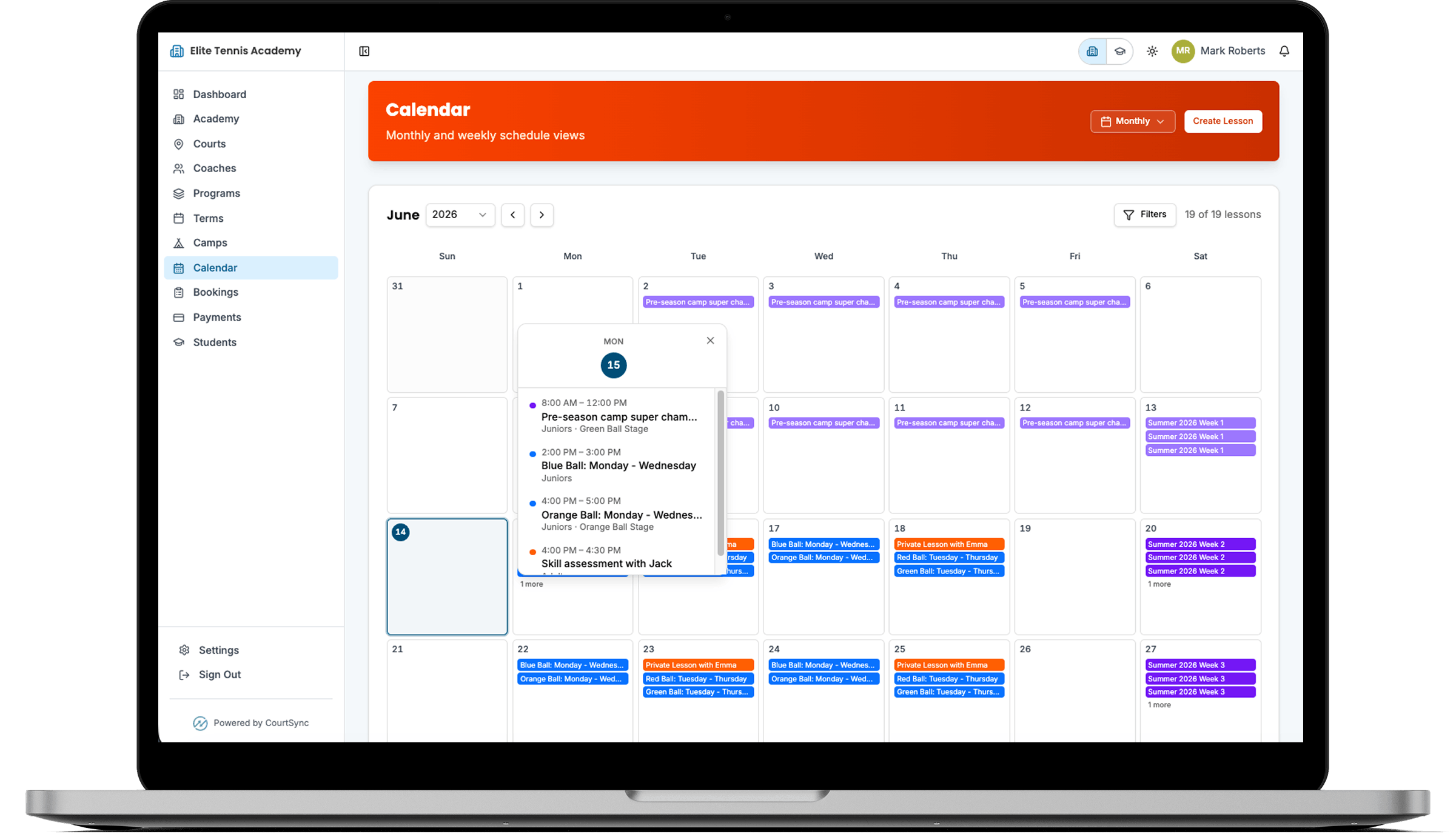 CourtSync academy calendar dashboard on MacBook