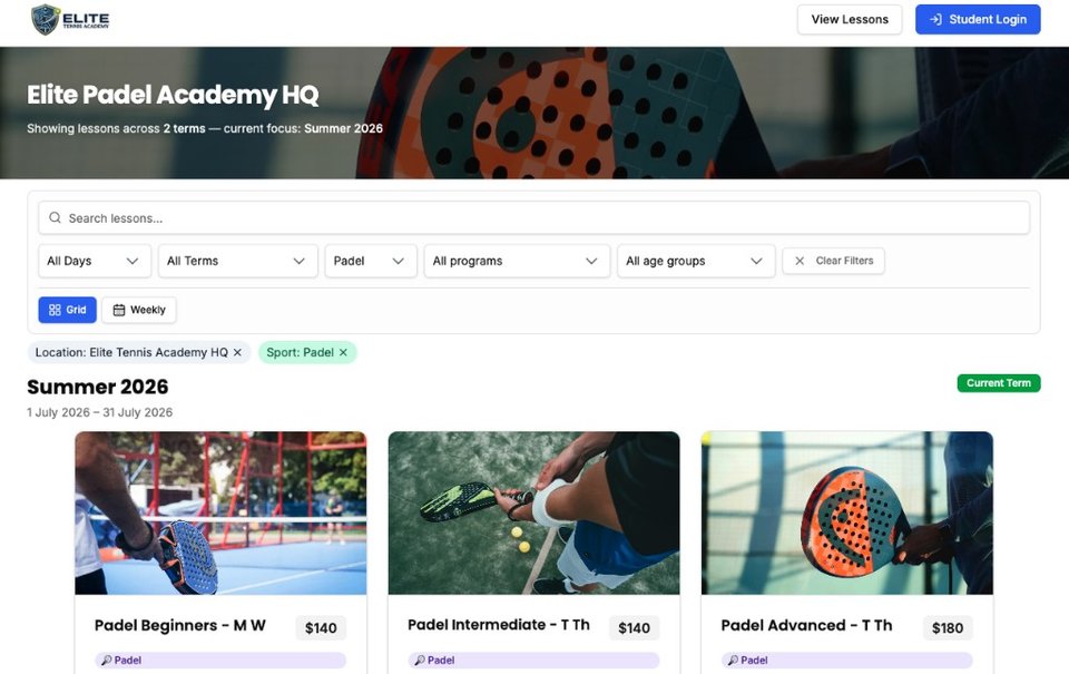 Elite Padel Academy HQ public lessons page with padel sport filters and Summer 2026 lesson cards