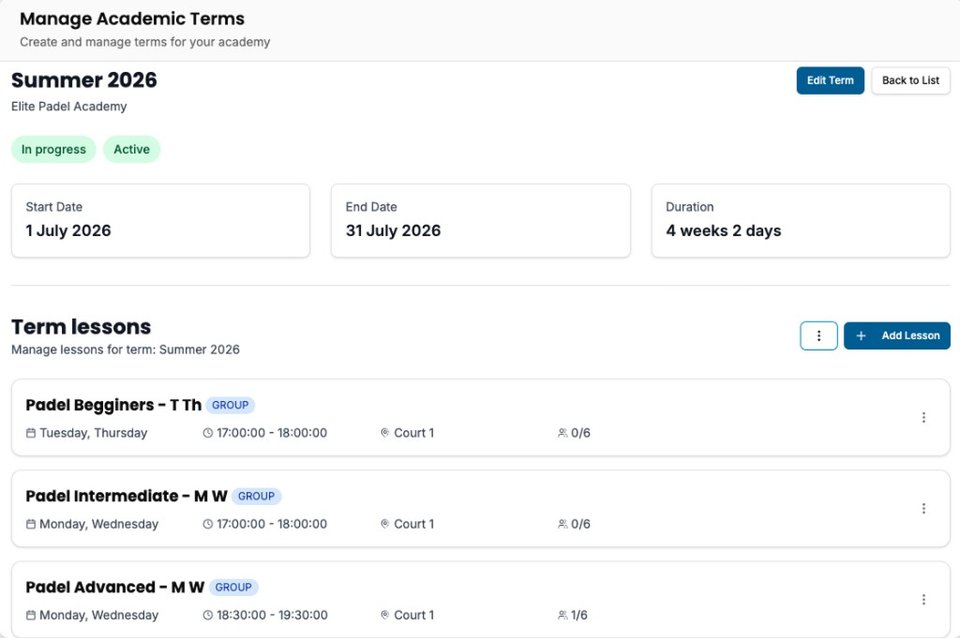 CourtSync term management page showing Summer 2026 padel lessons for Elite Padel Academy