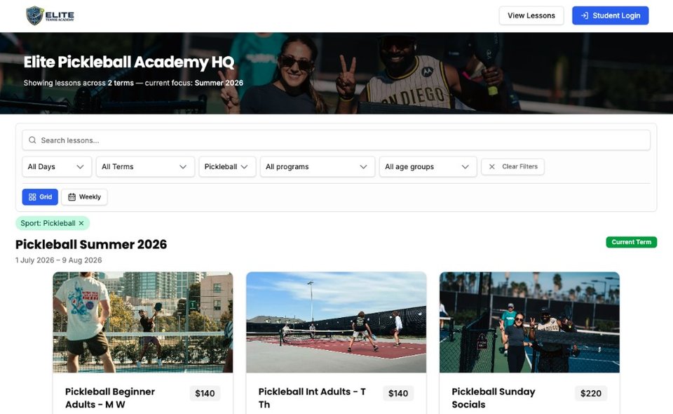 Elite Pickleball Academy HQ public lessons page with sport filters and Summer 2026 lesson cards