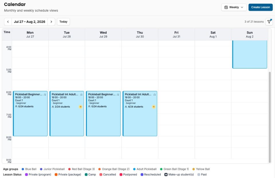 CourtSync weekly calendar showing pickleball lessons across courts with age group and lesson status legend