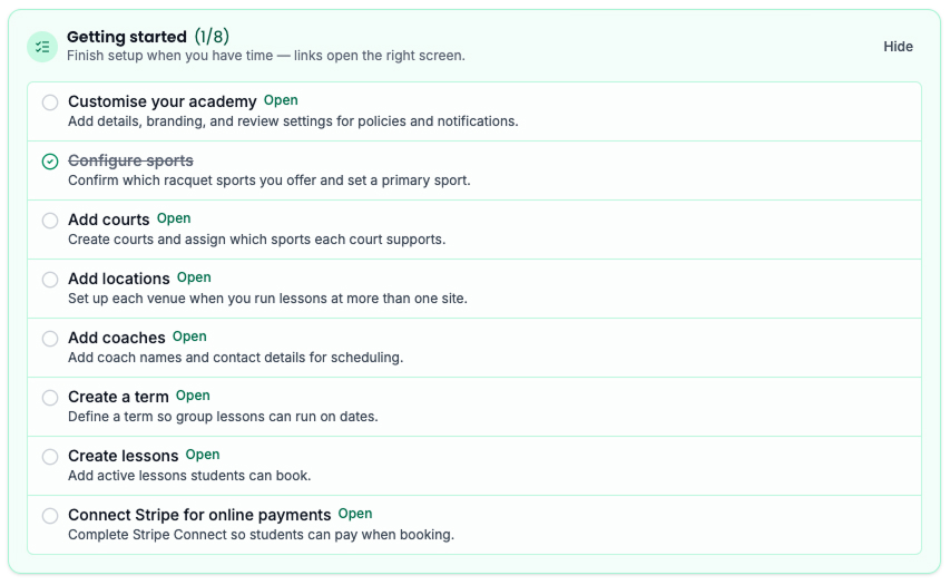 Getting started checklist on the owner dashboard with links to customise your academy, configure sports, add courts, and more