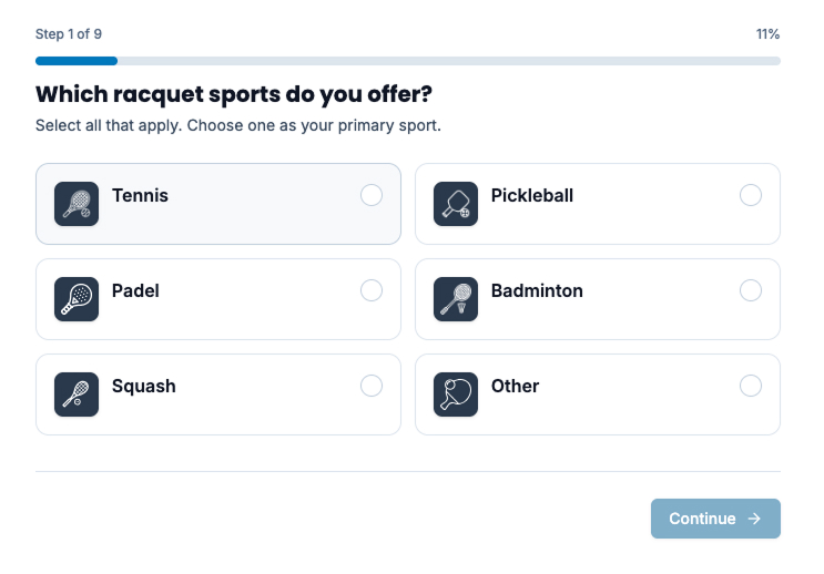 Onboarding wizard — step 1 of 9, selecting which racquet sports your academy offers