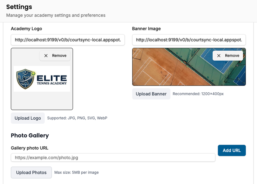 Academy Settings — upload logo, banner image, and gallery photos for your public page