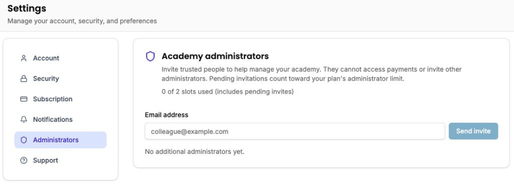 Settings Administrators tab with invite form and slot usage indicator