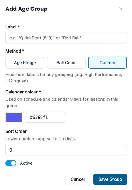 Add Age Group form with method selector (Age Range, Ball Color, Custom), calendar colour picker, sort order, and active toggle