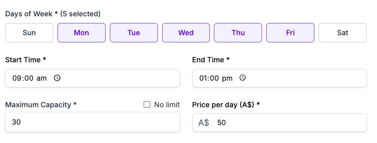 Single camp form with schedule, days of week, and camp pricing fields