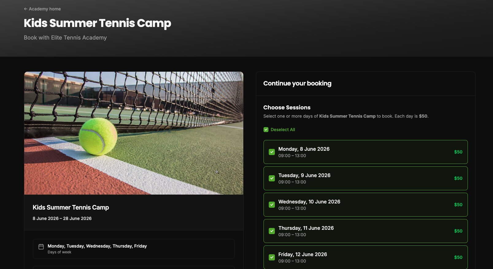 Public camp booking with Book by day and Book full camp options