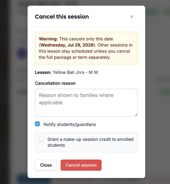 Cancel session dialog with reason field, notify checkbox, and optional make-up credit checkbox