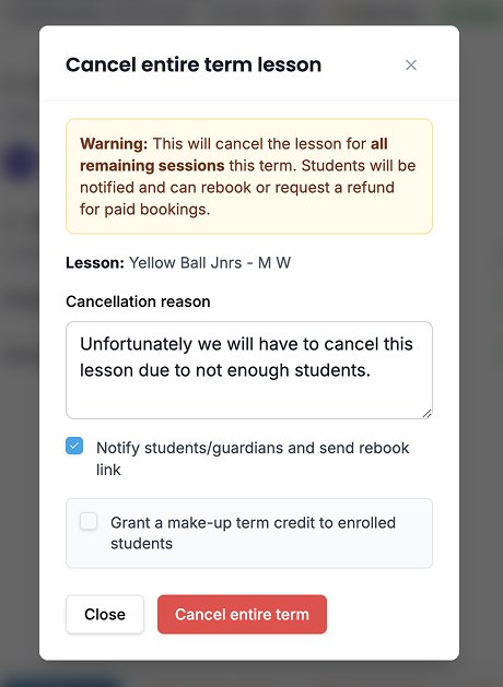 Cancel entire term lesson dialog with reason, notify checkbox, and optional make-up term credit