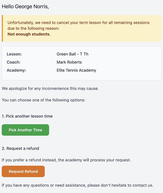 Term lesson cancelled email with Pick Another Time and Request Refund options