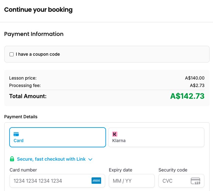 Guardian checkout showing lesson price, processing fee, and total amount