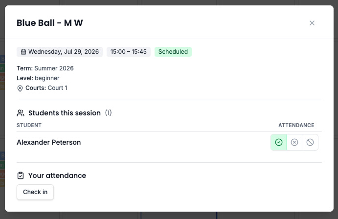 My Schedule session modal — student attendance and Your attendance check-in
