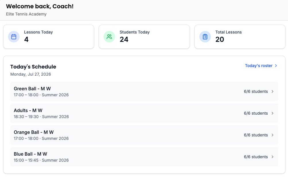 Coach dashboard with today's schedule and quick links