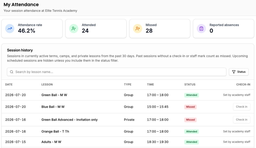 My Attendance session table with Check in button and staff-marked sessions