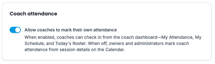 Lesson Settings — Allow coaches to mark their own attendance toggle