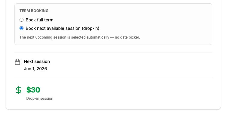 Screenshot of group lesson booking page showing term enrollment and drop-in session options