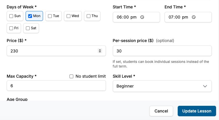 Screenshot of group lesson form with drop-in pricing toggle and per-session price field