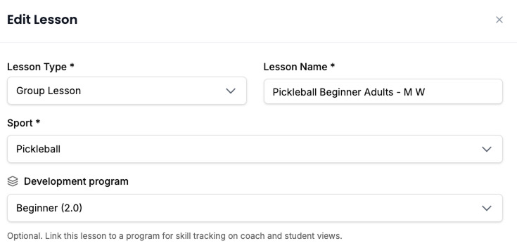 Edit lesson form with Development program dropdown filtered by sport