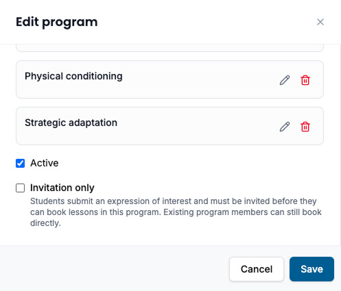 Edit program form with Invitation only checkbox and helper text