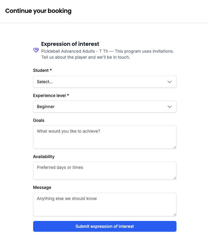 Expression of interest form in the booking wizard with student, experience level, goals, and availability fields