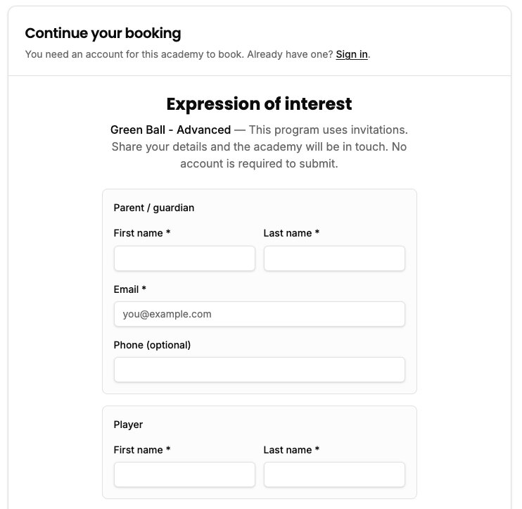 Screenshot of Expression of interest form on the public booking page for an invitation-only program