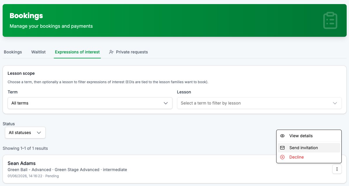 Expressions of interest tab in Bookings with status filter and Send invitation action