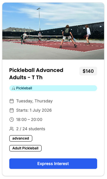 Public lesson card showing Express Interest instead of Book now for an invitation-only program