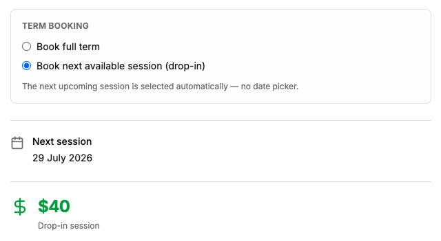 Public booking — drop-in option with next session and per-session price