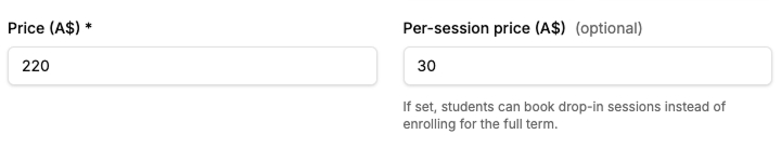 Term price and optional per-session drop-in price fields