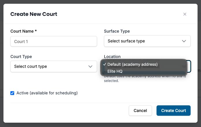 Screenshot of Create New Court form with location dropdown