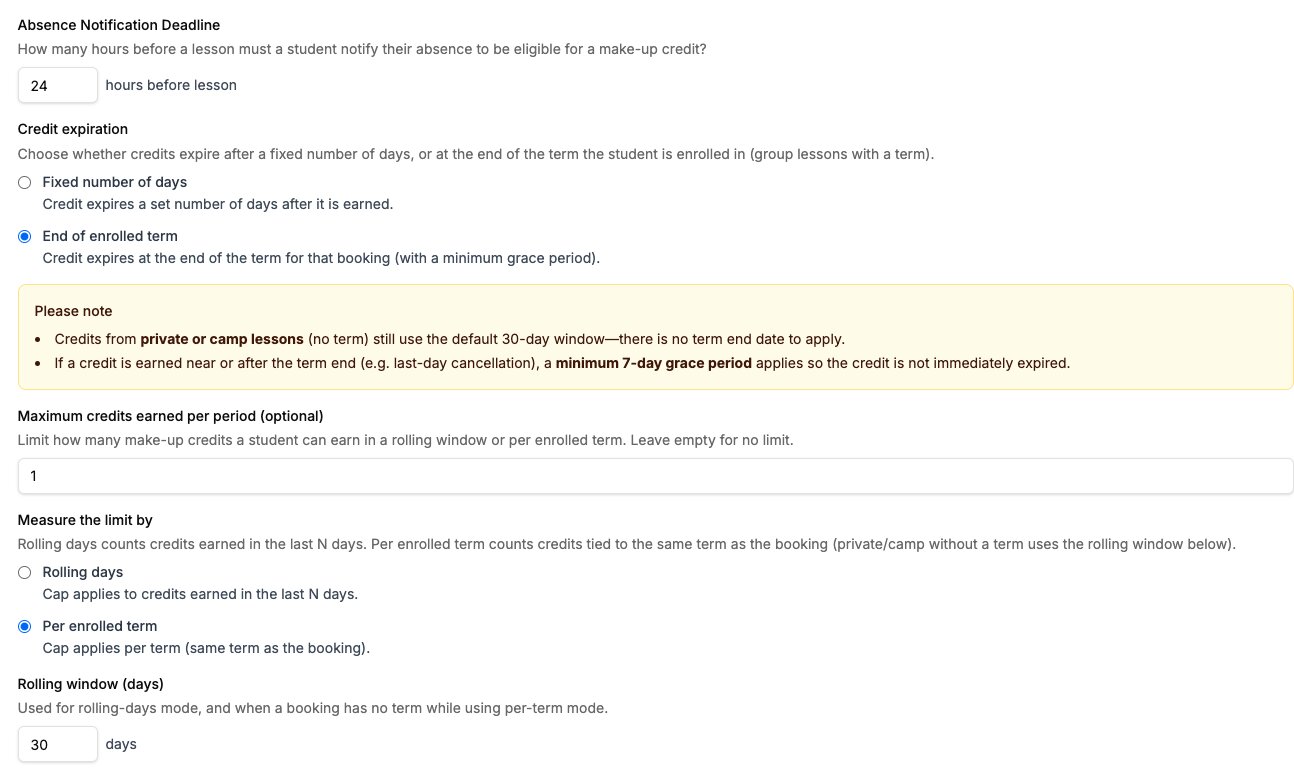Academy Settings make-up lesson configuration with expiry mode, optional earn limits, and rolling window