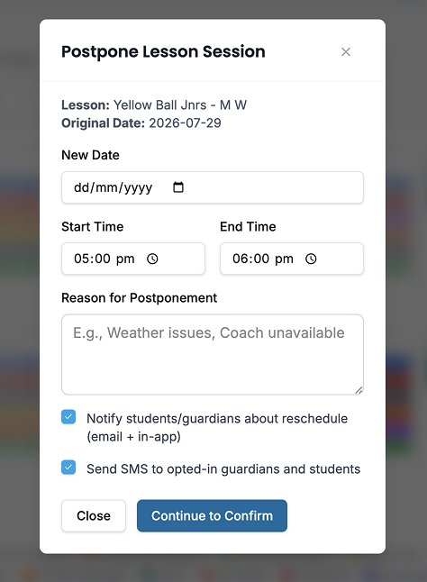 Postpone session dialog with new date, time fields, and notification options