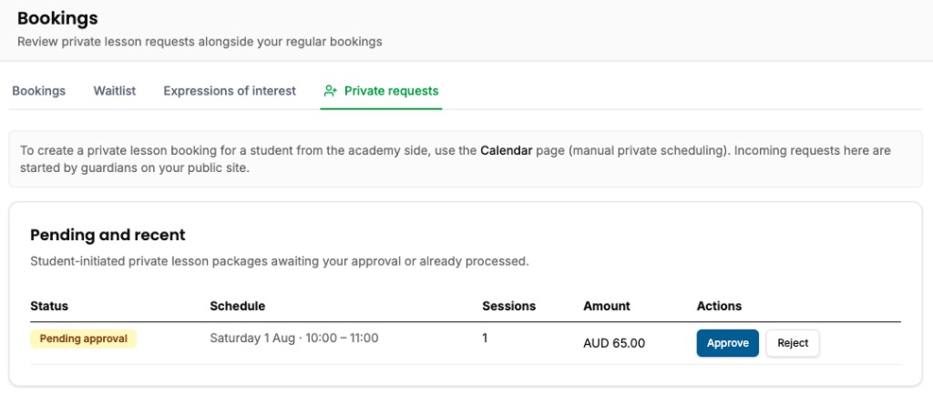 Pending private lesson request in Bookings → Private requests