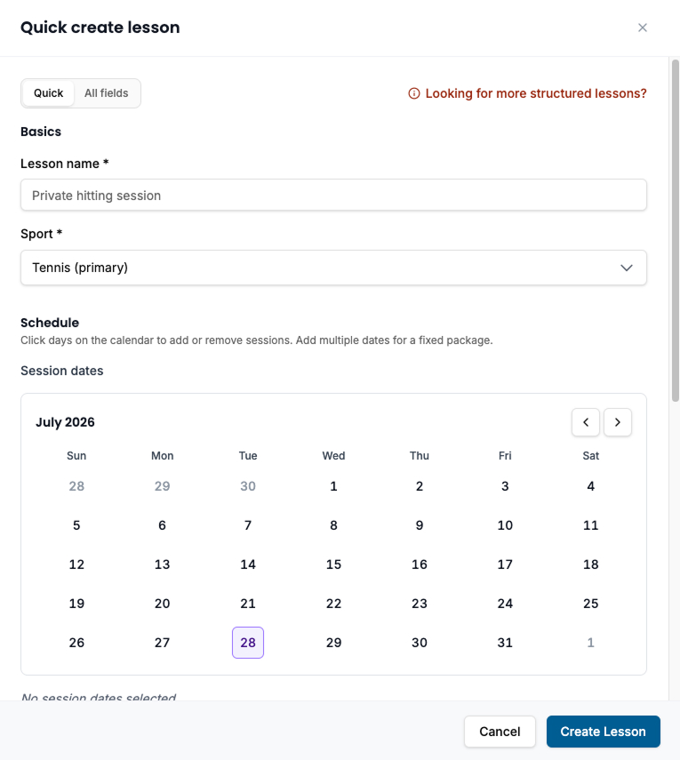 Standalone private package with session dates selected on the calendar