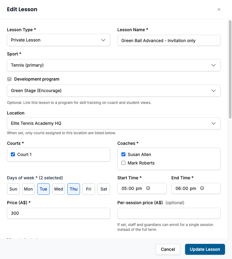 Term-bound private lesson form with weekdays and term price