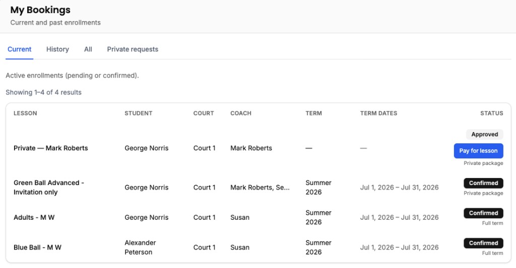 My Bookings — approved private package awaiting payment