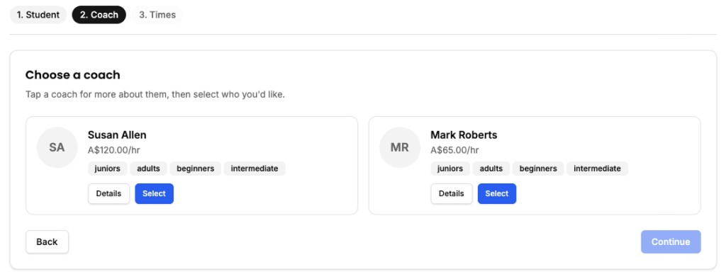 Student-initiated private booking — choose a coach