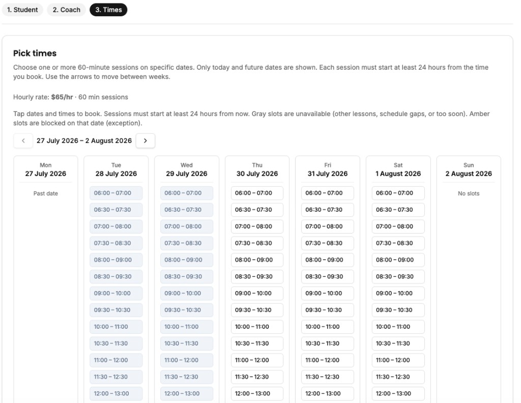 Student-initiated private booking — pick available time slots