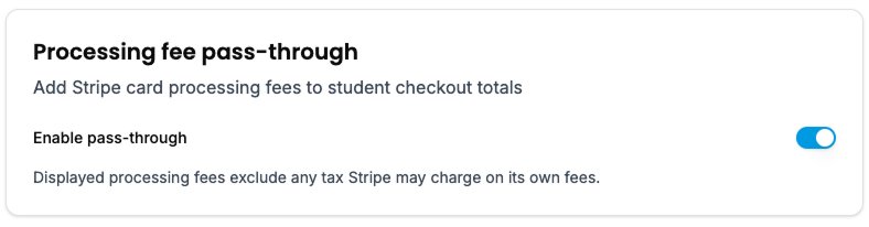 Processing fee pass-through toggle in payment settings