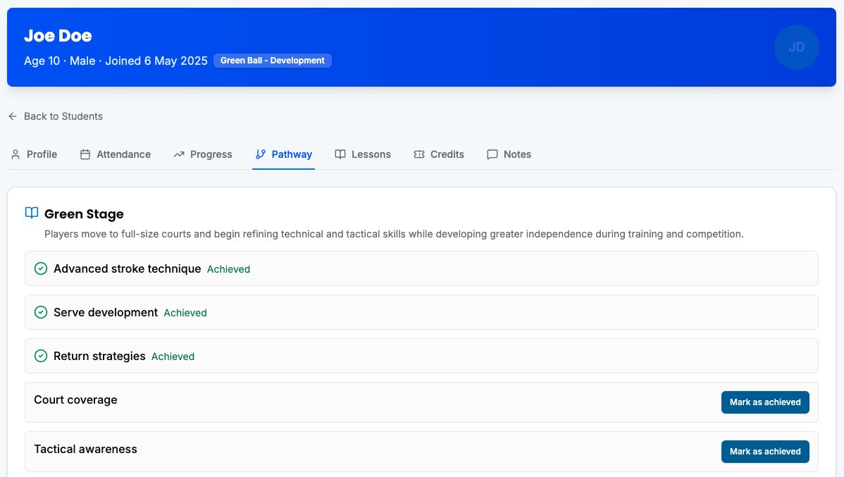 Student Pathway tab showing target skills and Mark as achieved actions