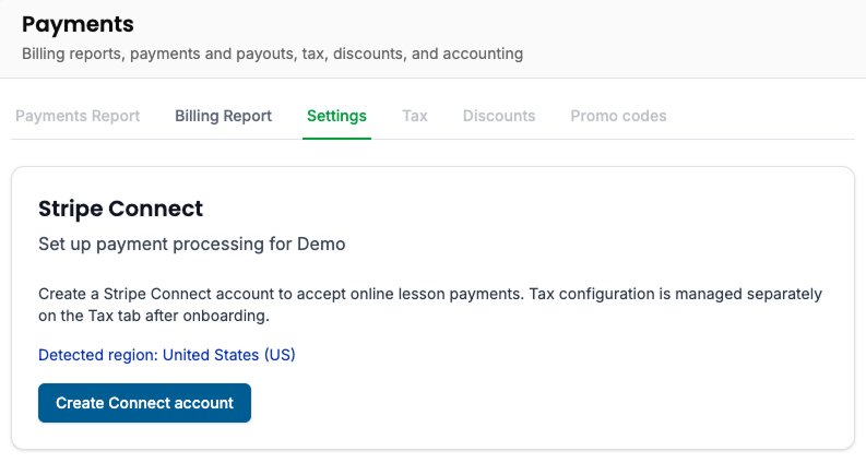 Payments Settings tab with Stripe Connect onboarding section and Create Connect account button