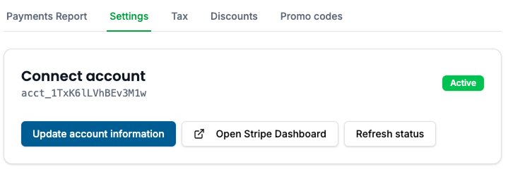 Payment settings showing Connect account Active status after onboarding is complete
