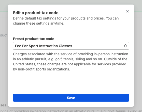 Screenshot of preset product tax code in ConnectTaxSettings