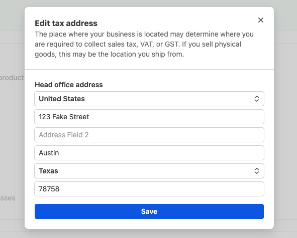 Screenshot of head office address in ConnectTaxSettings