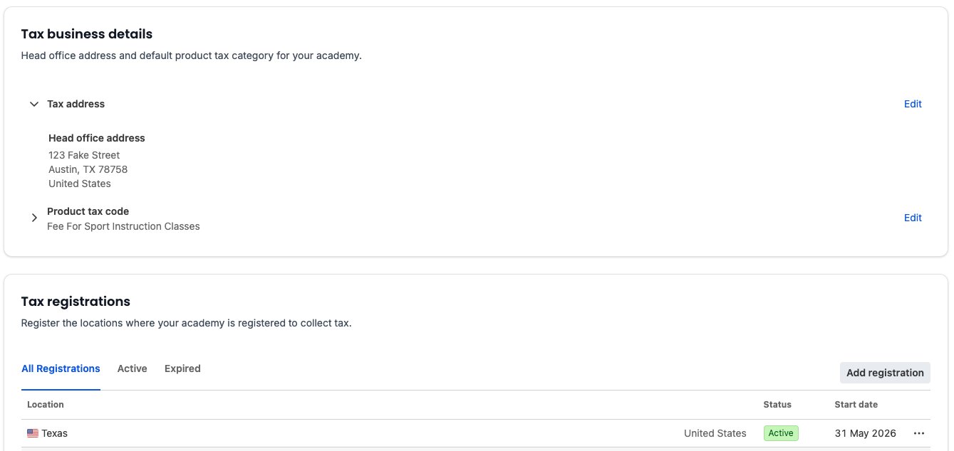 Screenshot of Payments Tax tab with embedded Stripe Tax components